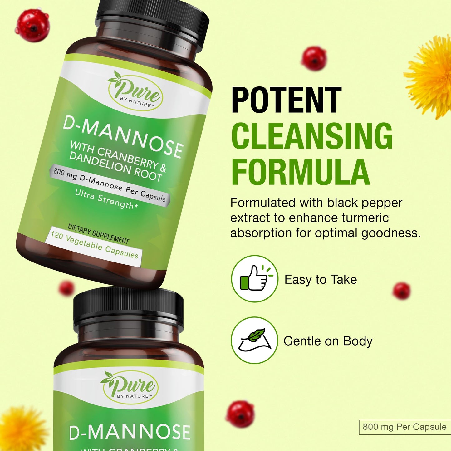 Pure By Nature D-Mannose with Cranberry & Dandelion Root – 120 Count | Natural UTI Relief
