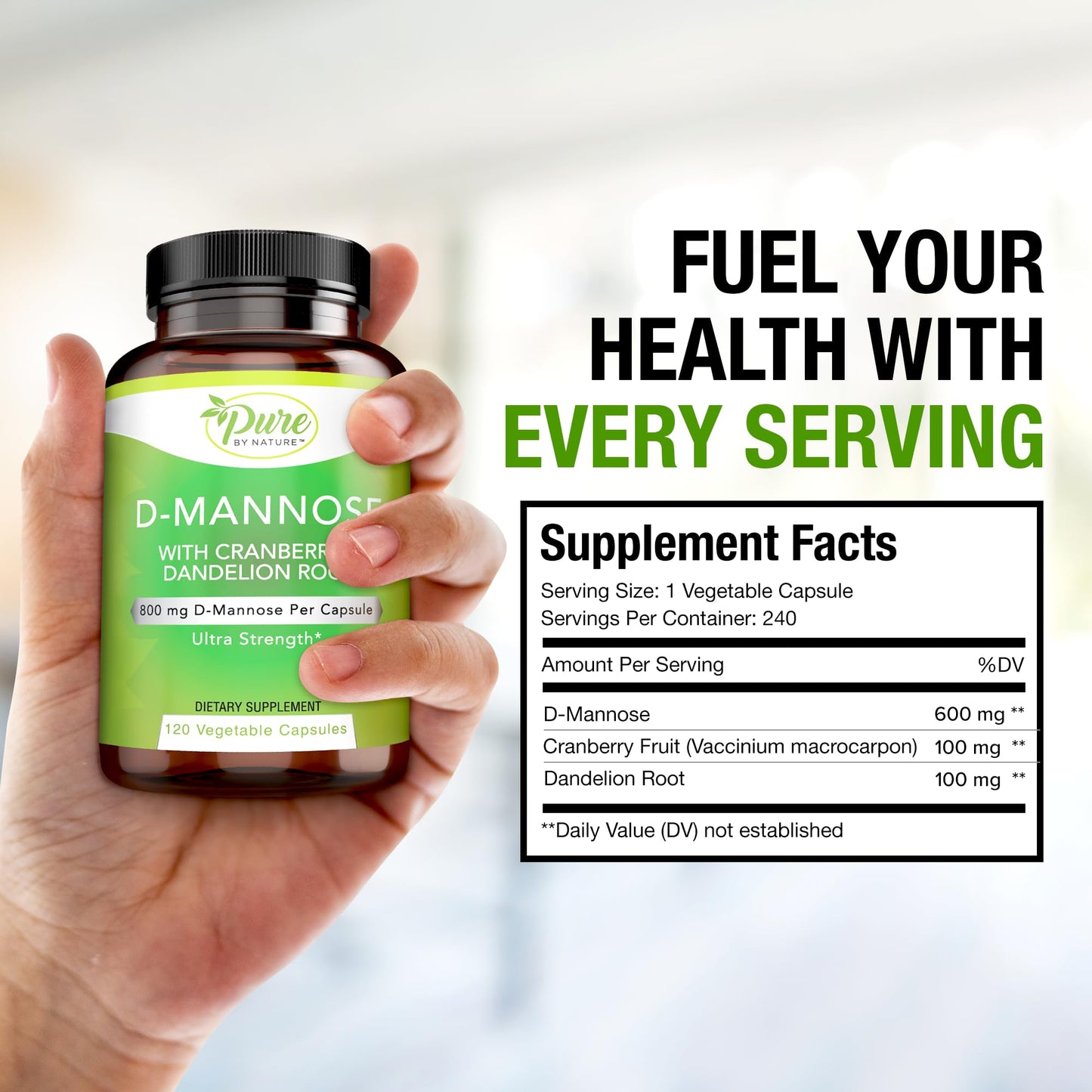 Pure By Nature D-Mannose with Cranberry & Dandelion Root – 120 Count | Natural UTI Relief