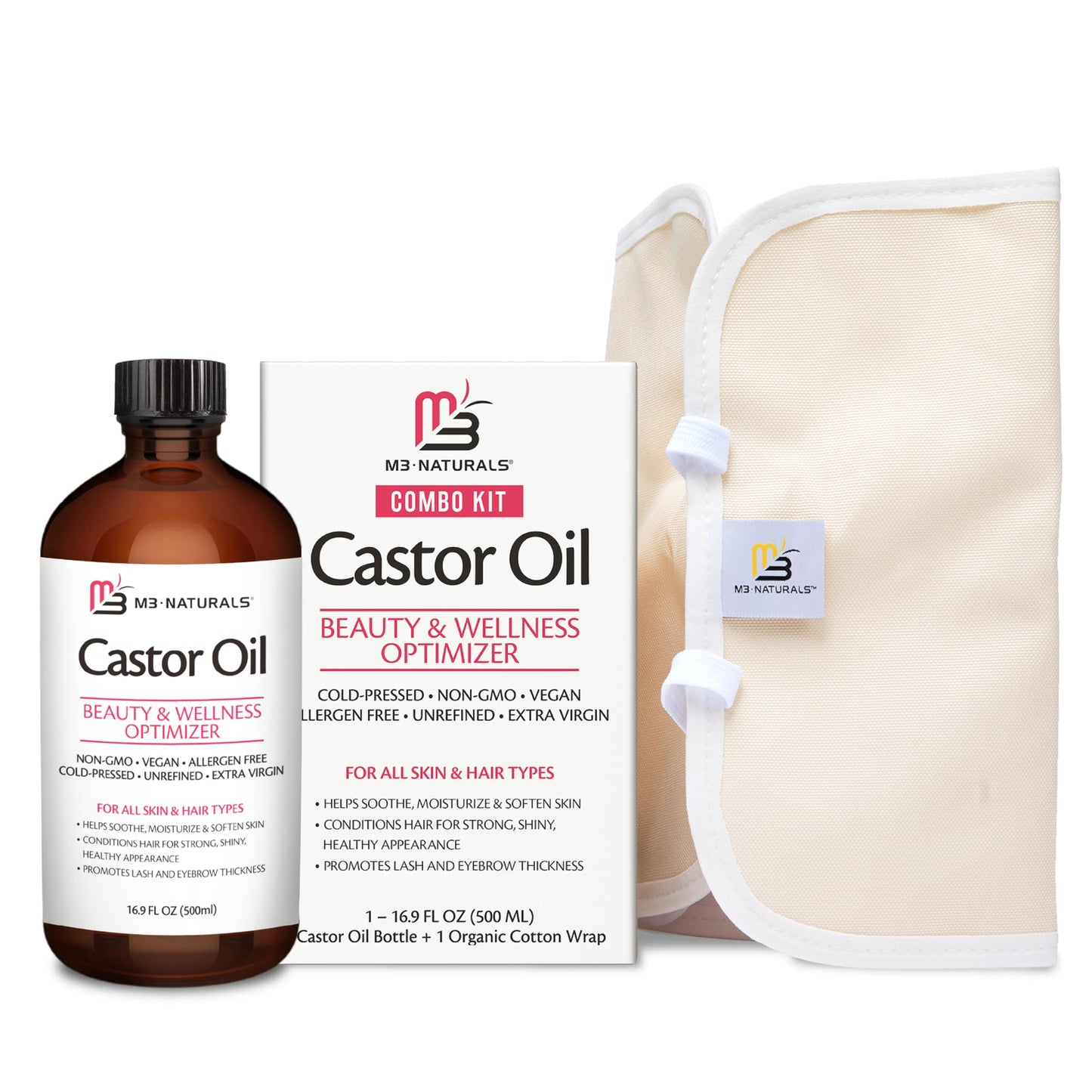 Pure Castor Oil Pack Kit, Large – Hexane-Free Cold-Pressed Castor Oil in Glass Bottle with Adjustable Reusable Organic Cotton Wrap | M3 Naturals