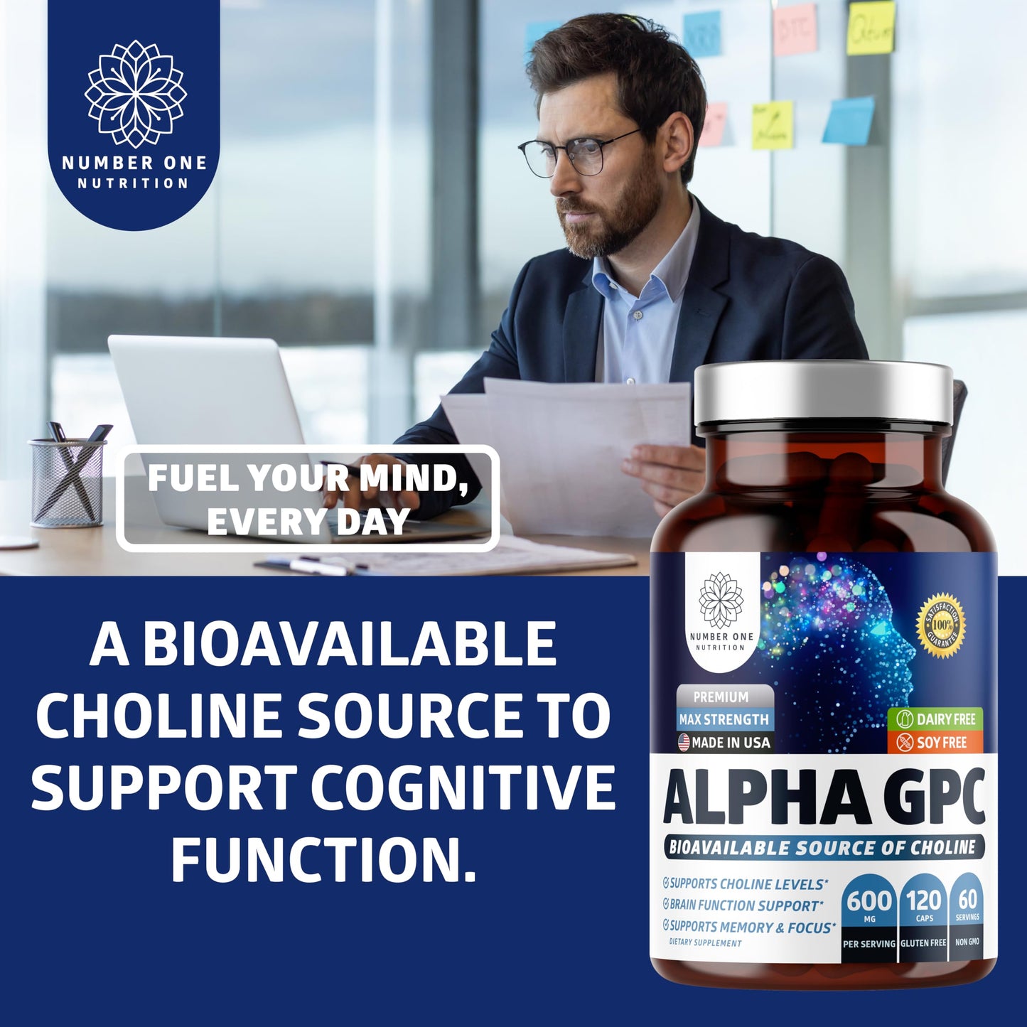 Number One Nutrition Premium Alpha GPC Choline Capsules 600mg – Natural Brain Support for Focus, Memory, Clarity & Energy | 120 Veg Caps