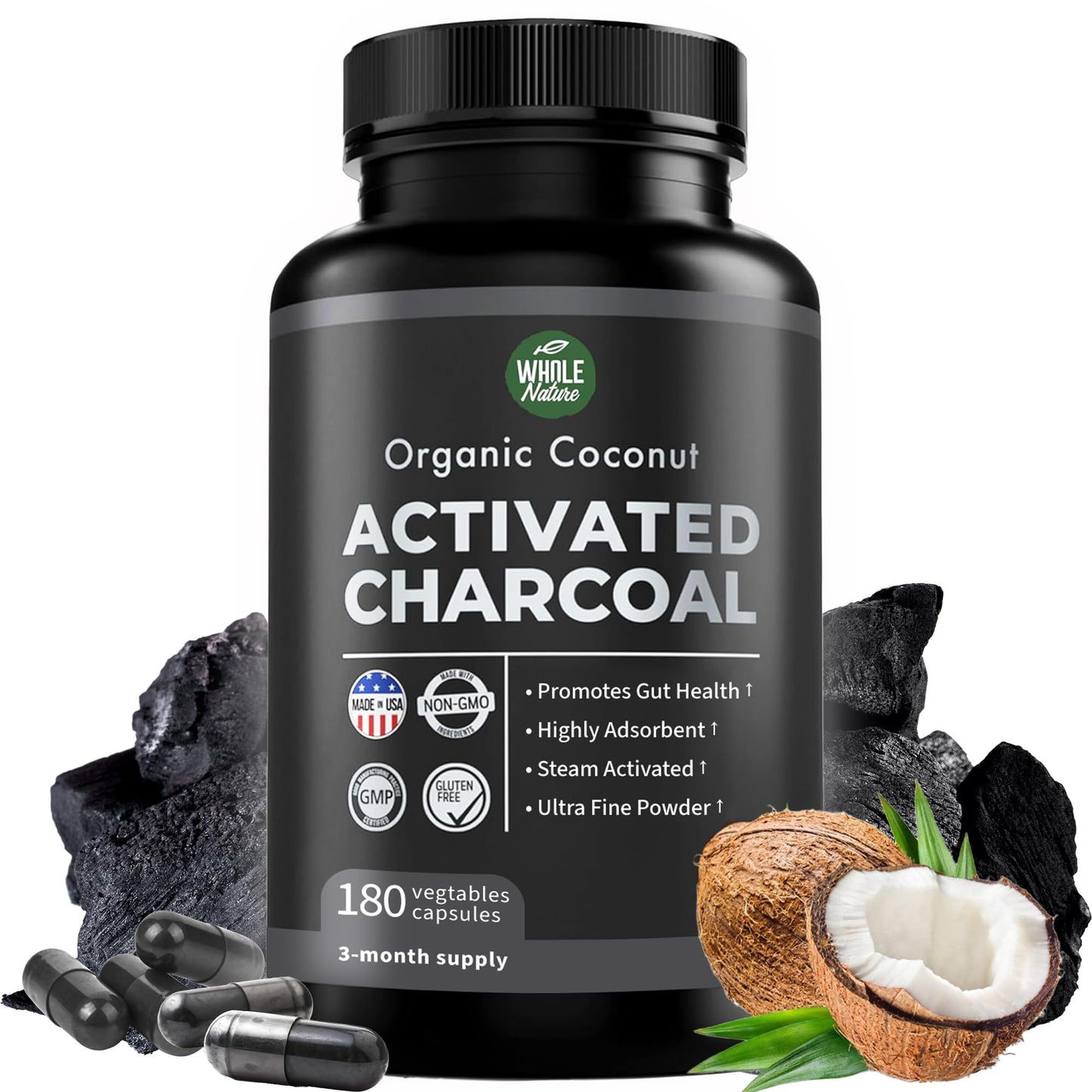 Pure Coconut Activated Charcoal Capsules - 180 Count | Teeth Whitening, Bloating & Cleansing