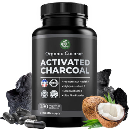 Pure Coconut Activated Charcoal Capsules - 180 Count | Teeth Whitening, Bloating & Cleansing