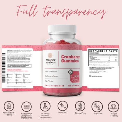 Mother Nutrient Cranberry Gummies – Urinary Tract Health, Women & Kids, 1000mg