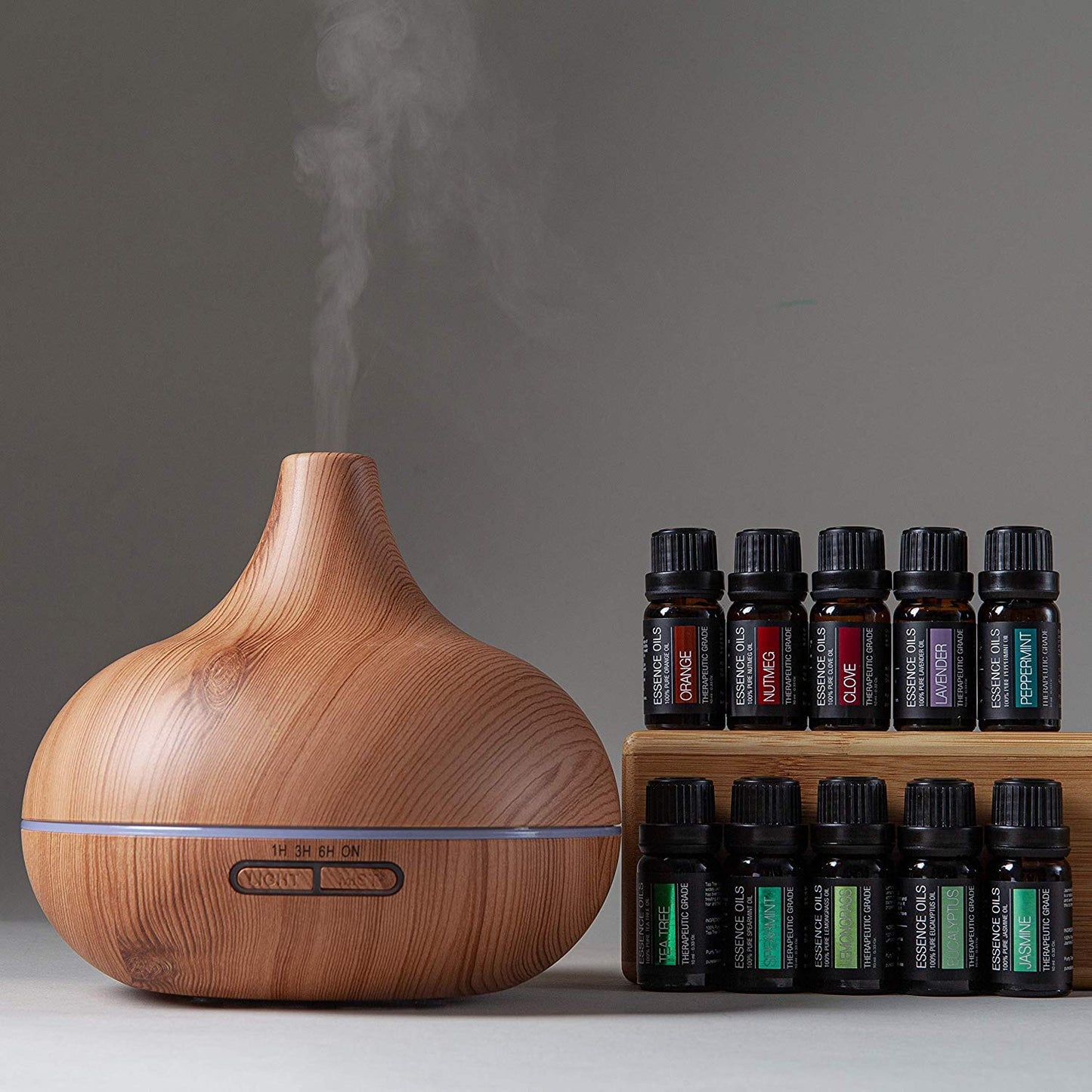 Pure Daily Care Essence Diffuser 300ml + Top 10 Essential Oils Set — 4 Timers, 7 Ambient Lights