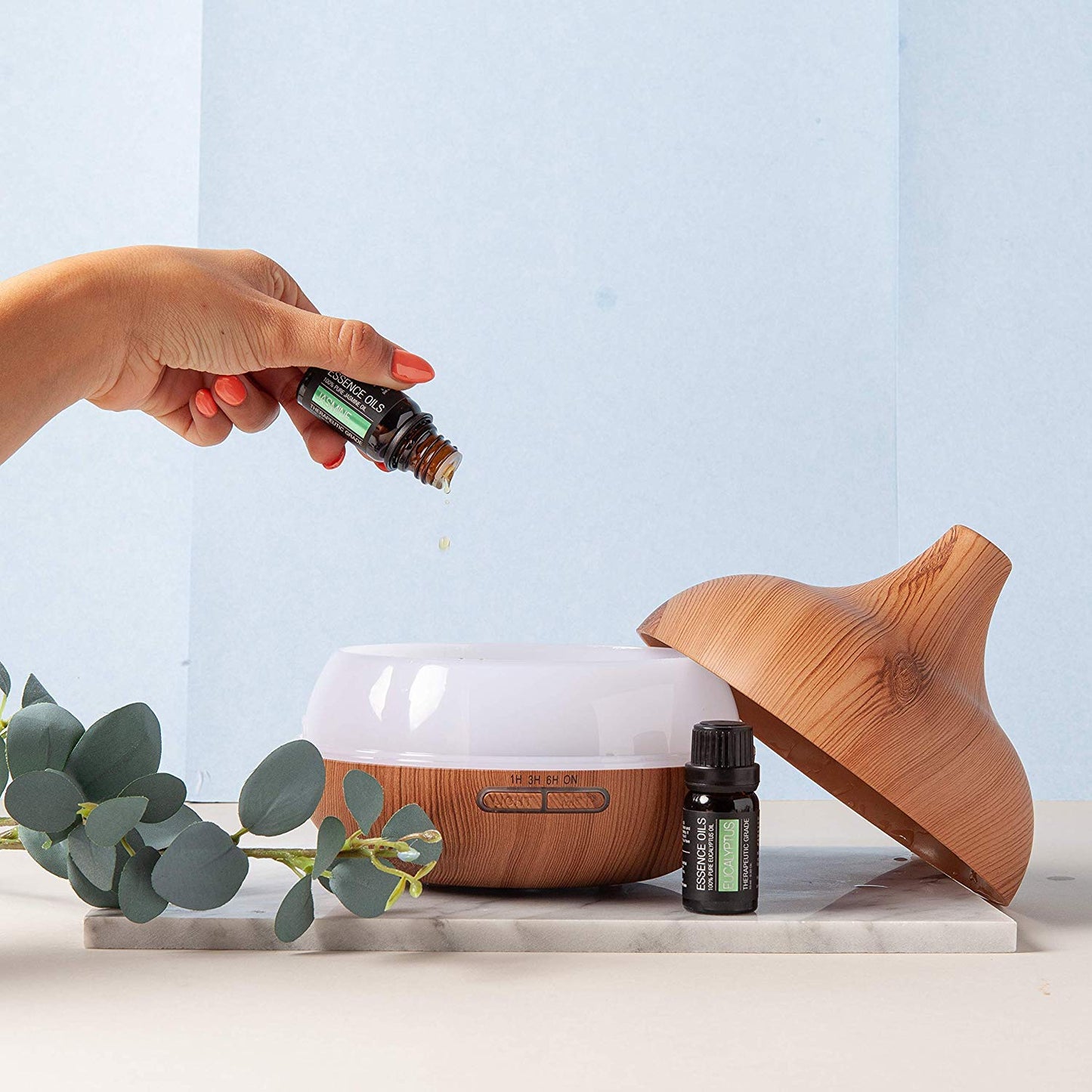 Pure Daily Care Essence Diffuser 300ml + Top 10 Essential Oils Set — 4 Timers, 7 Ambient Lights