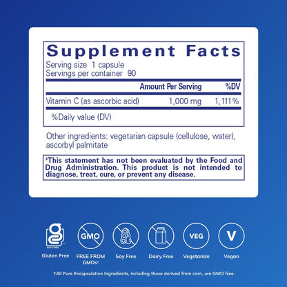 Pure Encapsulations Ascorbic Acid 1000 mg Vitamin C - 90 Capsules
