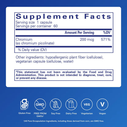 Pure Encapsulations Chromium (Picolinate) 200 mcg | Hypoallergenic Supplement for Healthy Lipid and Carbohydrate Metabolism Support* | 60 Capsules