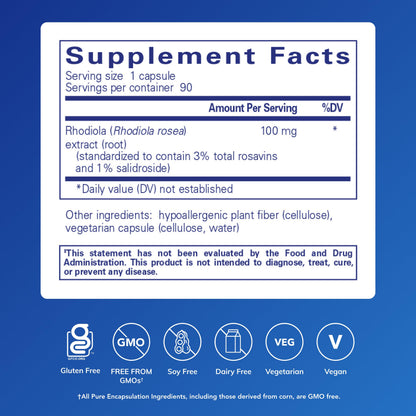 Pure Encapsulations Rhodiola Rosea - Stress & Fatigue Support (90 Capsules) - Gluten Free & Vegan