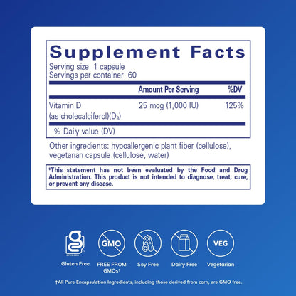 Pure Encapsulations Vitamin D3 25 mcg (1,000 IU) – Supports Bone & Immune Health | 60 Capsules