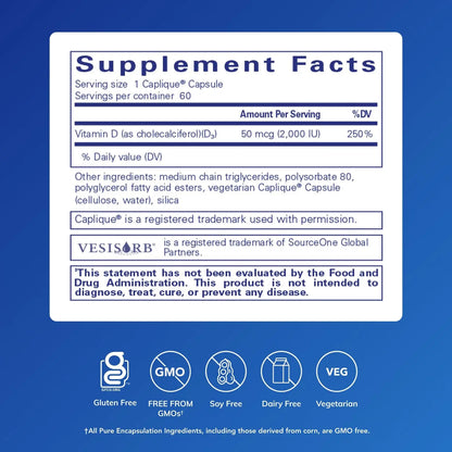 Vitamin D3 VESIsorb by Pure Encapsulations | Supports Bones, Heart, Colon, Breast Health | 60 Caplique Capsules BritishVita | Premium UK Vitamins & Wellness Supplements