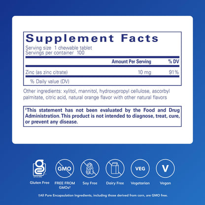 Pure Encapsulations Zinc Chewables | Immune Support, Growth & Wound Healing | 100 Orange Tablets