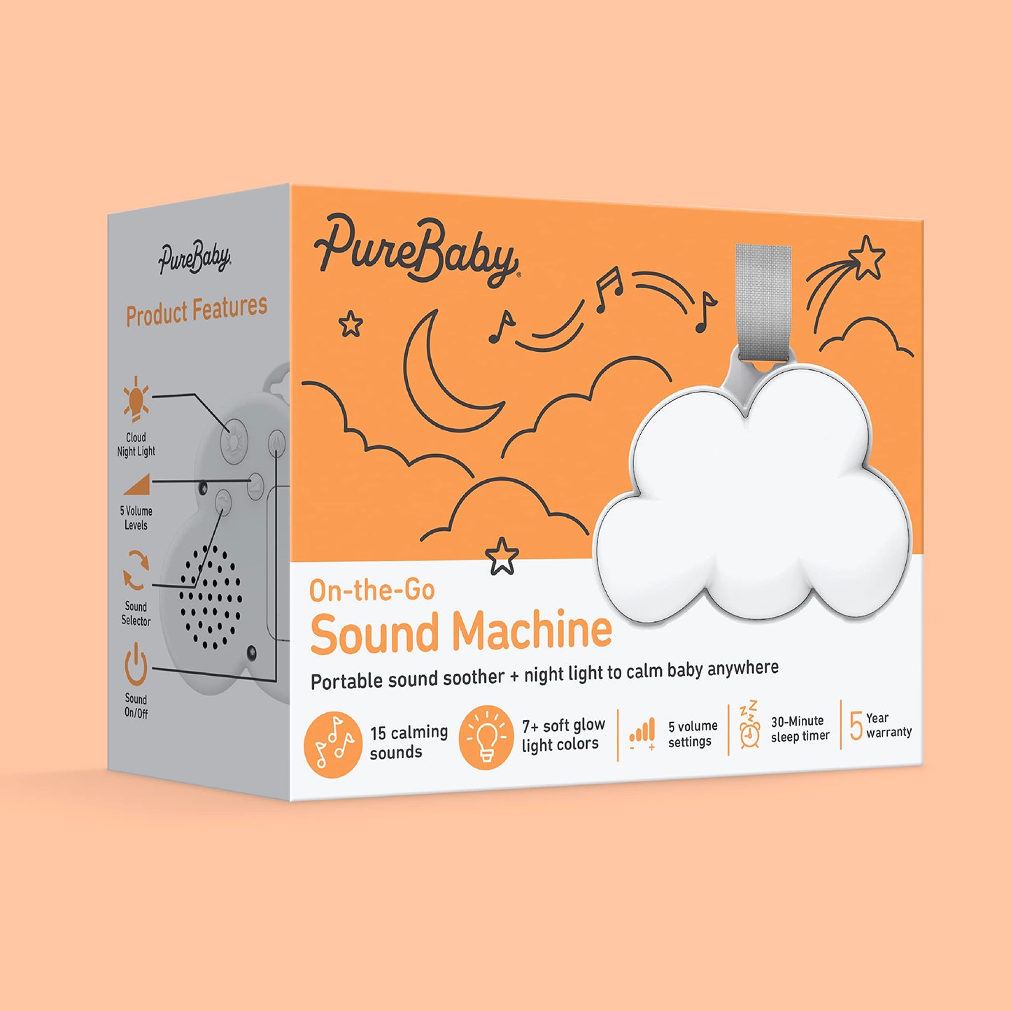 Pure Enrichment PureBaby Cloud Portable Sound Machine & Night Light, 15 Sounds, Battery-Operated, Travel-Friendly