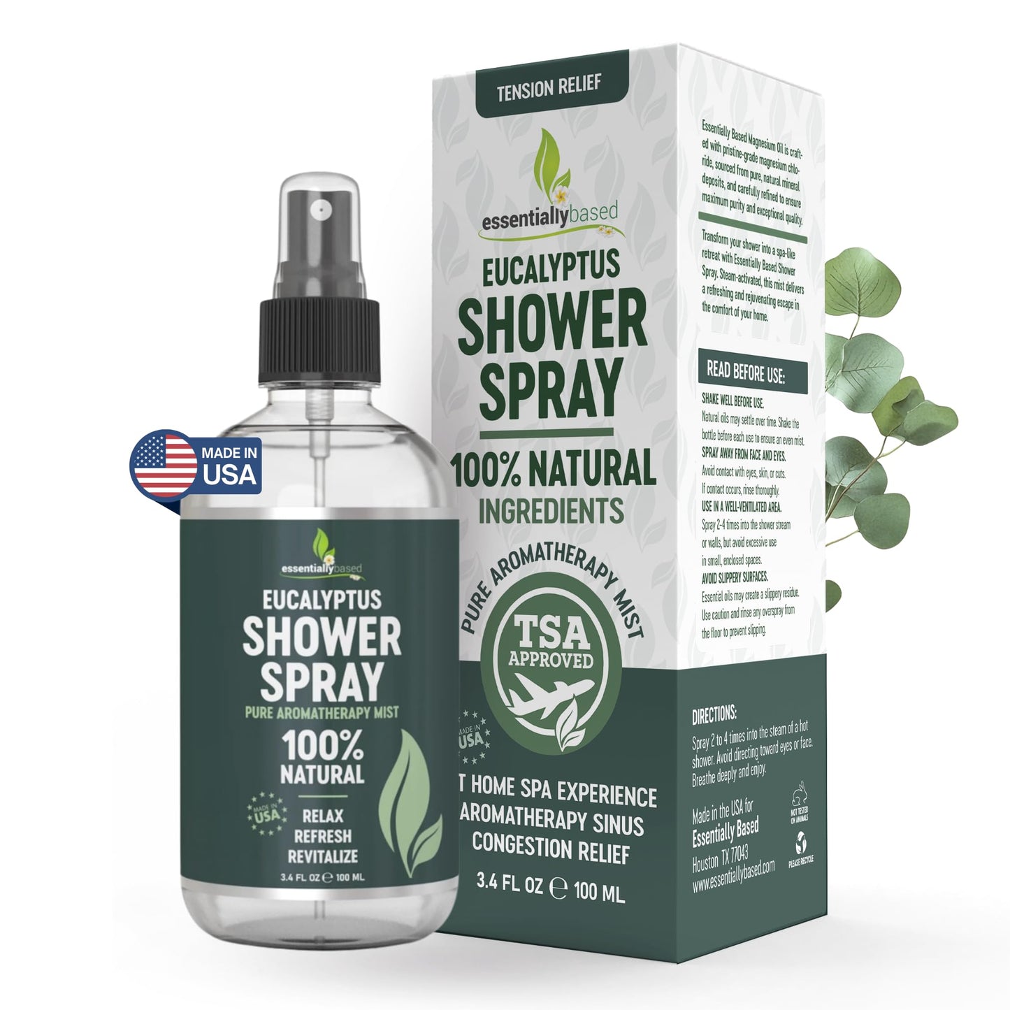 Pure Eucalyptus Shower Spray Travel Size (3.4oz) – 100% Organic Eucalyptus Oil – TSA Approved – Made in USA
