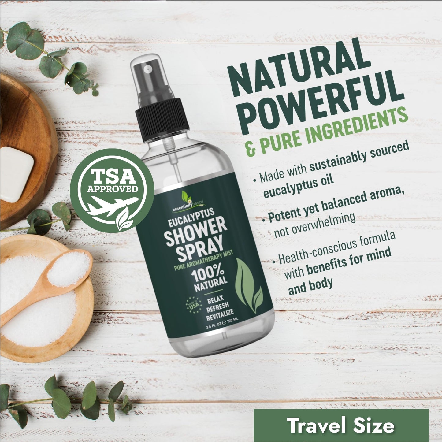 Pure Eucalyptus Shower Spray Travel Size (3.4oz) – 100% Organic Eucalyptus Oil – TSA Approved – Made in USA
