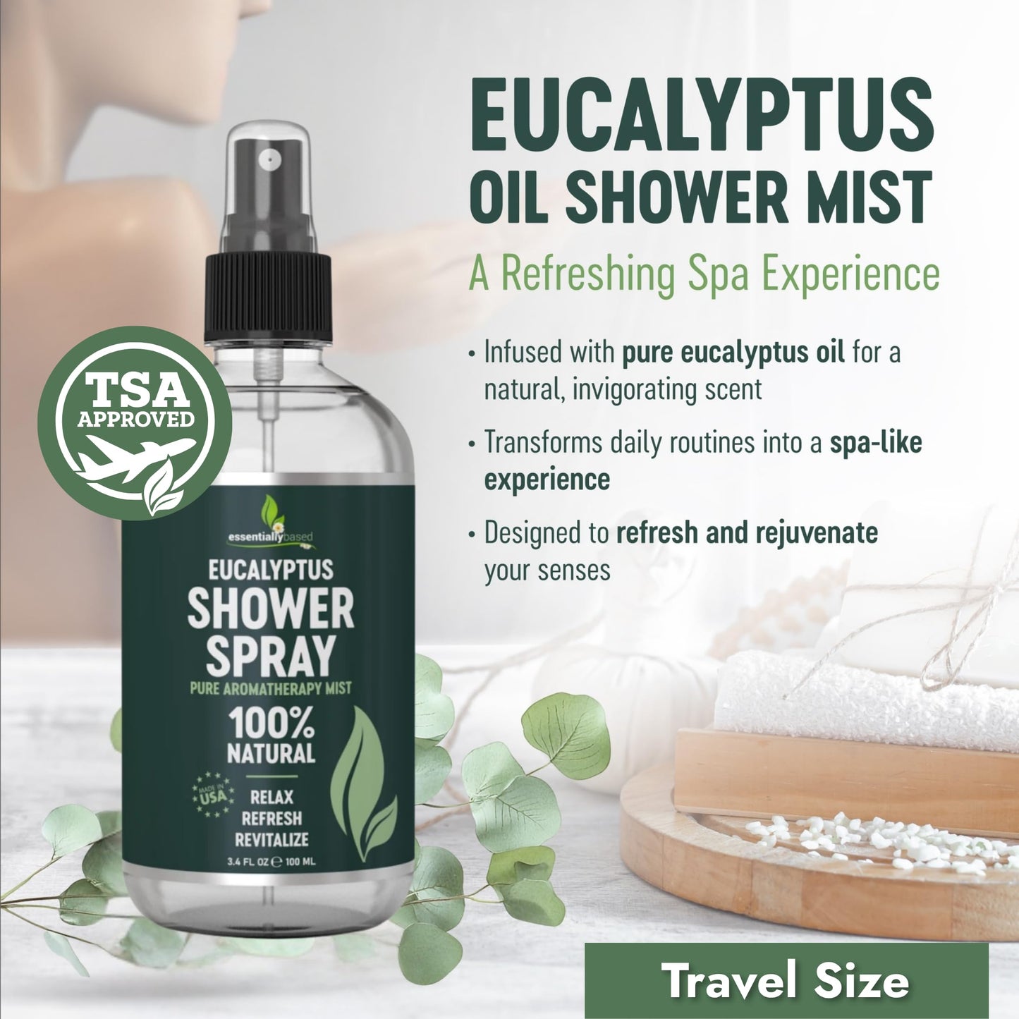 Pure Eucalyptus Shower Spray Travel Size (3.4oz) – 100% Organic Eucalyptus Oil – TSA Approved – Made in USA