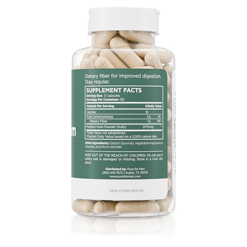 Psyllium Husk Fiber Supplement – Daily Digestive Health & Regularity, 2,175mg per Serving, 150 Capsules | Pure for Men & Pure for Her