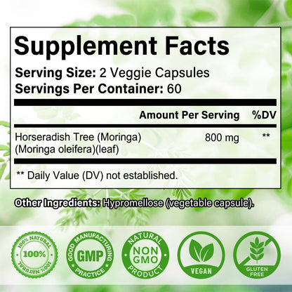 Moringa Powder Capsules | Pure Moringa Leaf – 800mg per Capsule, 120 Vegan Capsules
