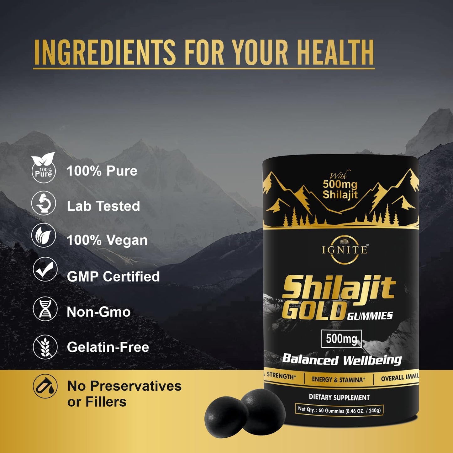 Pure Himalayan Shilajit Gummies – 75%+ Fulvic Acid, Gold-Grade | Energy & Immunity