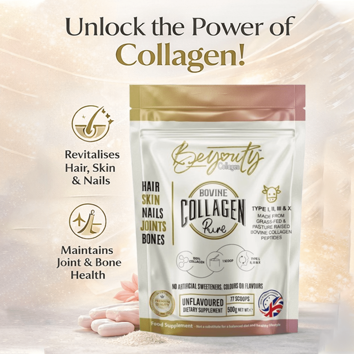 Pure Hydrolysed Bovine Collagen Peptides TYPE I, II, III & X - 500g BeYouty Collagen™