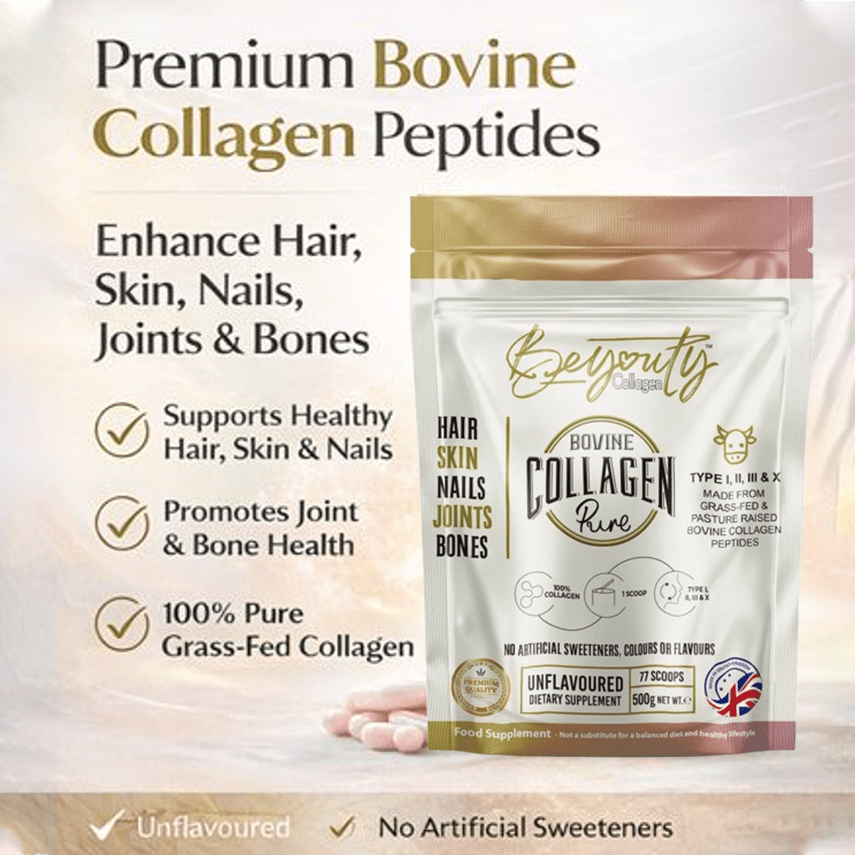 Pure Hydrolysed Bovine Collagen Peptides TYPE I, II, III & X - 500g BeYouty Collagen™