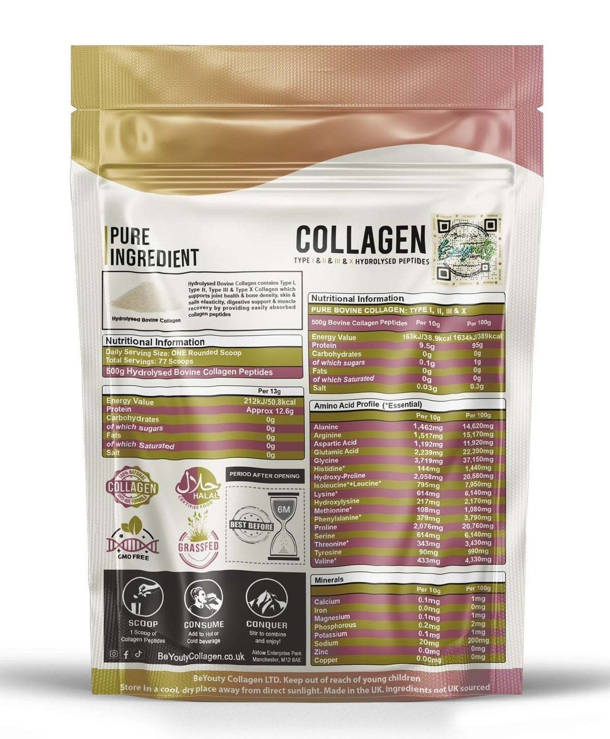 Pure Hydrolysed Bovine Collagen Peptides TYPE I, II, III & X - 500g BeYouty Collagen™