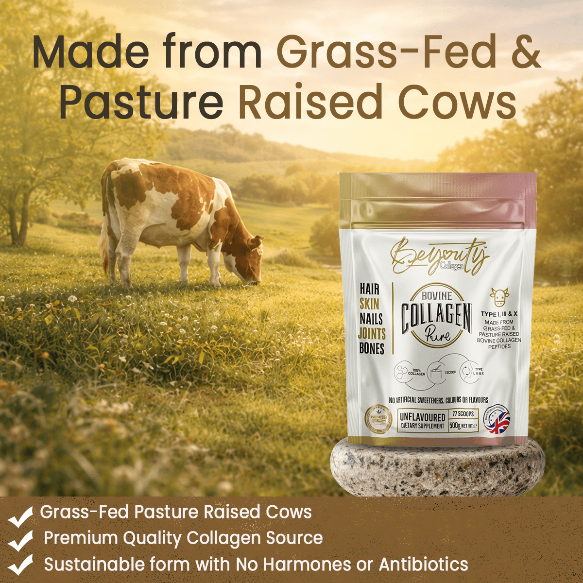 Pure Hydrolysed Bovine Collagen Peptides TYPE I, III & X - 500g BeYouty Collagen™