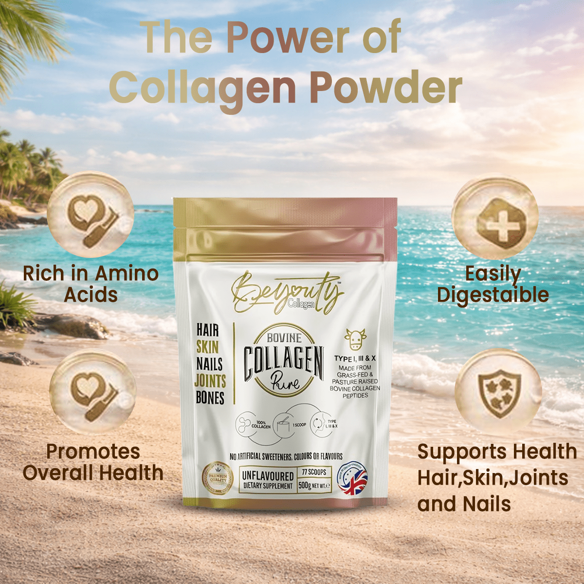Pure Hydrolysed Bovine Collagen Peptides TYPE I, III & X - 500g BeYouty Collagen™