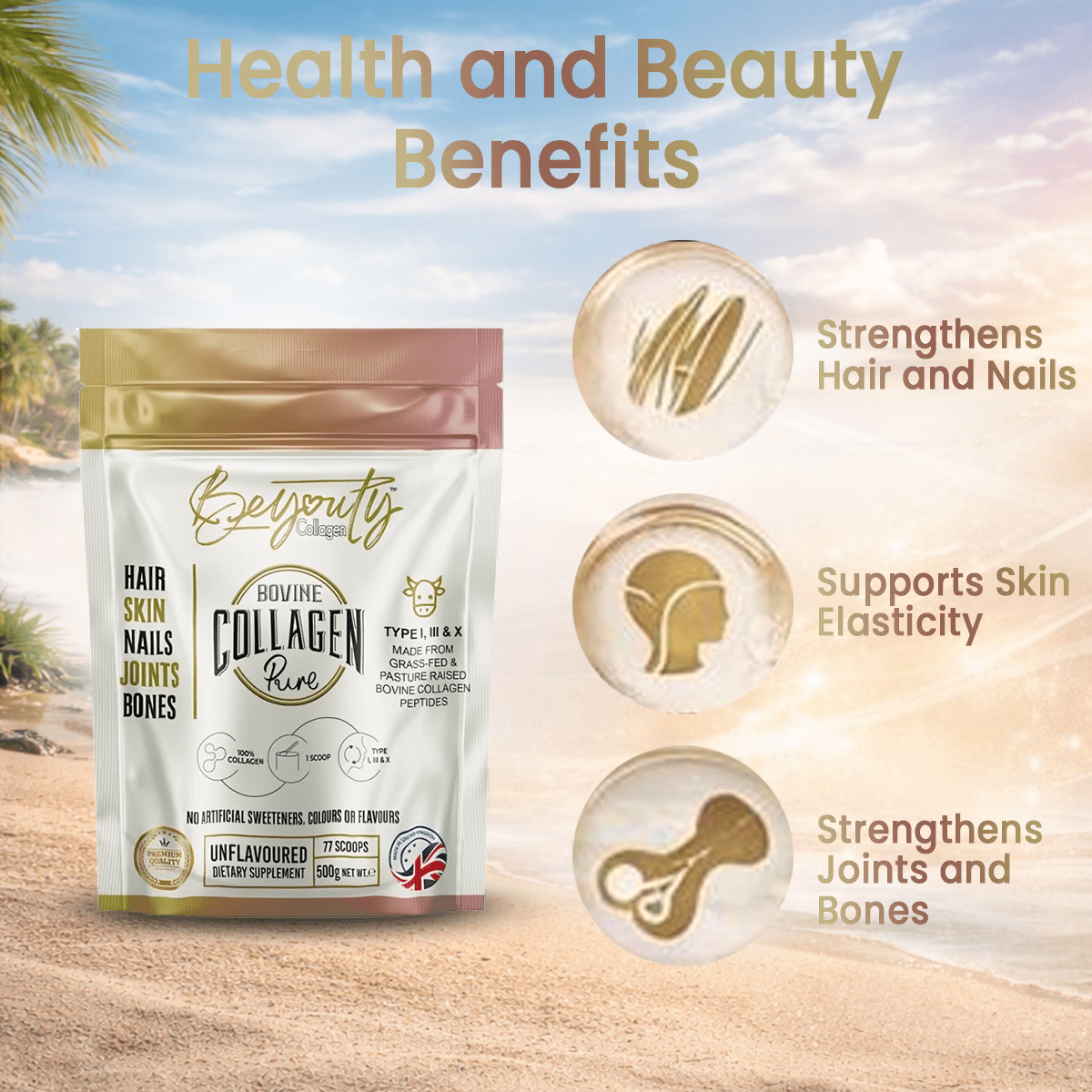Pure Hydrolysed Bovine Collagen Peptides TYPE I, III & X - 500g BeYouty Collagen™