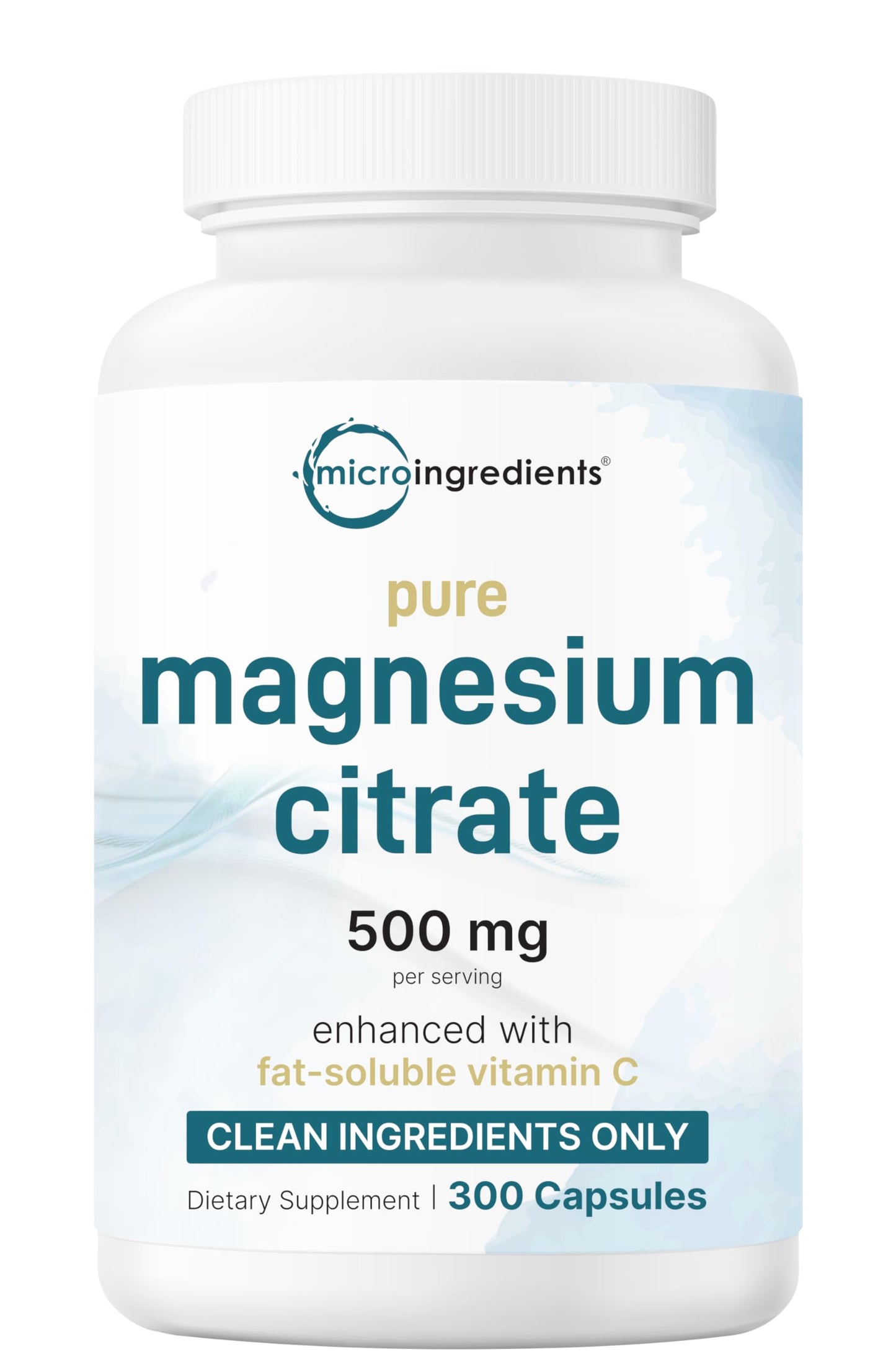 Pure Magnesium Citrate 500mg | 300 Capsules | Chelated, Fat-Soluble Vitamin C | Supports Digestion, Muscle & Heart Health