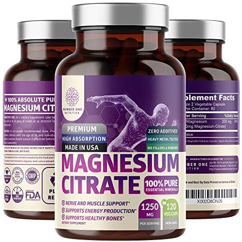 Pure Magnesium Citrate Capsules 1250mg | 120 Caps | Muscle & Digestive Support