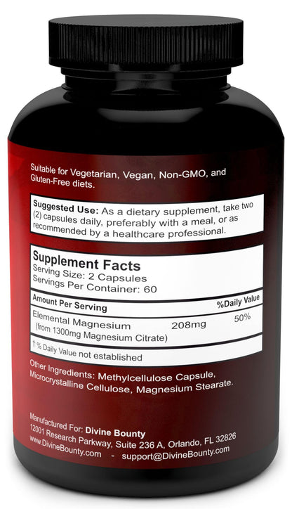 Pure Magnesium Citrate Capsules 1300mg - 120 Vegetarian Capsules