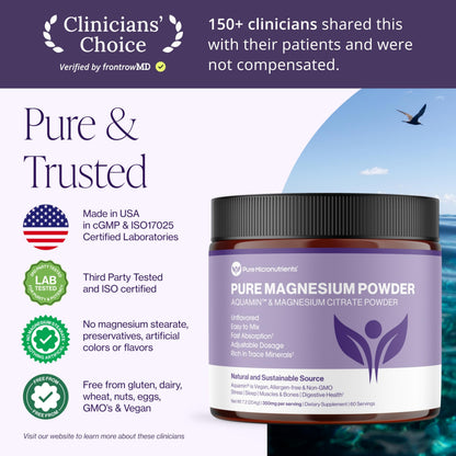 Pure Magnesium Citrate Powder to Support Sleep, Muscle & Bone Health, Energy, Heart & Digestion. Unflavored Magnesium Powder Drink Mix, Vegan, 60 Servings