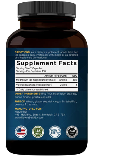 Magnesium Glycinate 200mg with Valerian – 300 Capsules | Chelated, High Absorption, Non-GMO, Gluten Free
