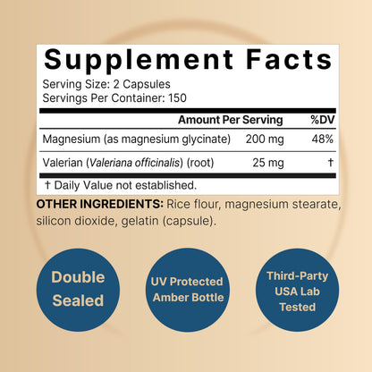 Magnesium Glycinate 200mg with Valerian – 300 Capsules | Chelated, High Absorption, Non-GMO, Gluten Free