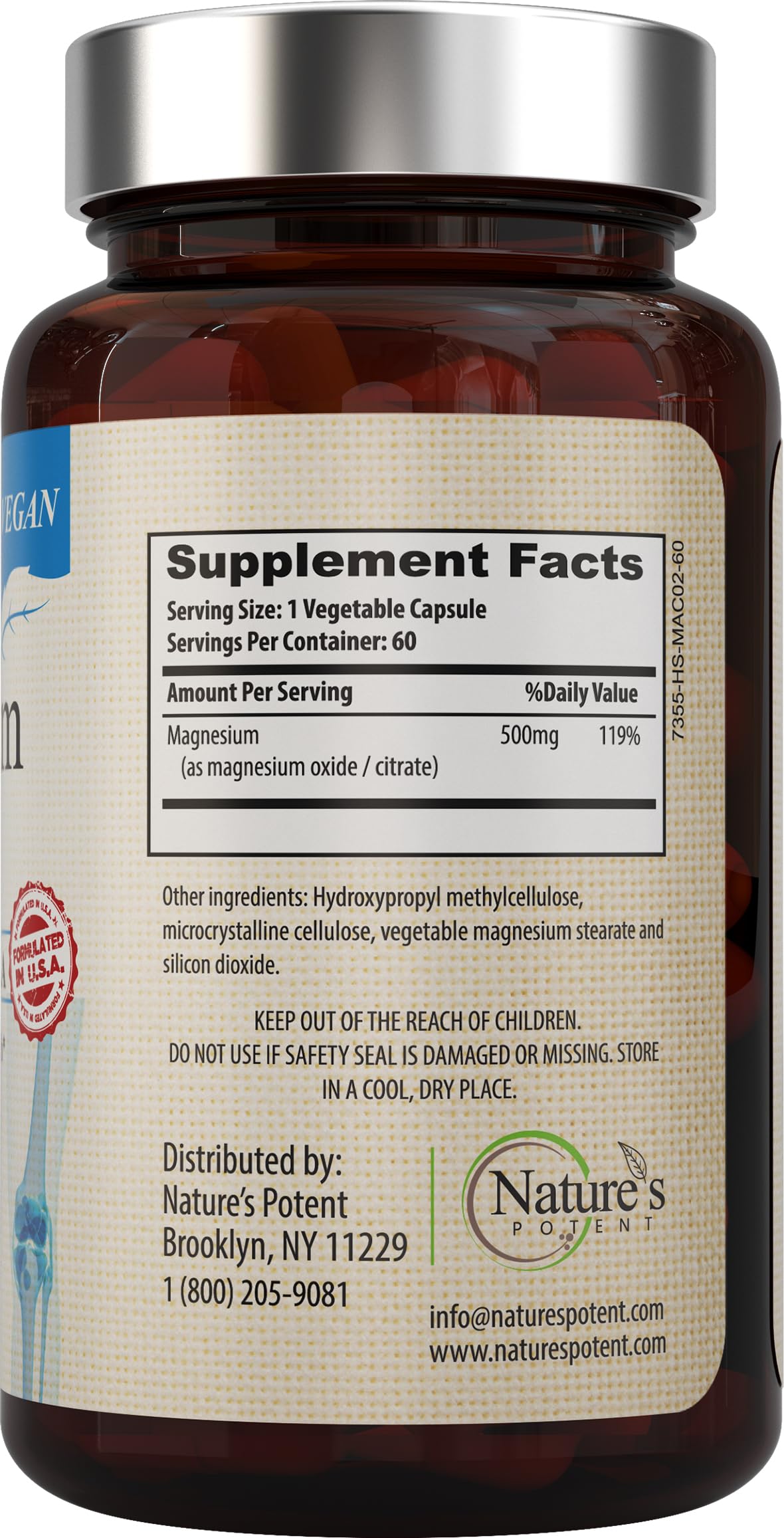 Nature's Potent Magnesium Supplements | Magnesium Citrate & Oxide 500mg | Vegan, USA Made, Sleep Support - 60 Veggie Capsules