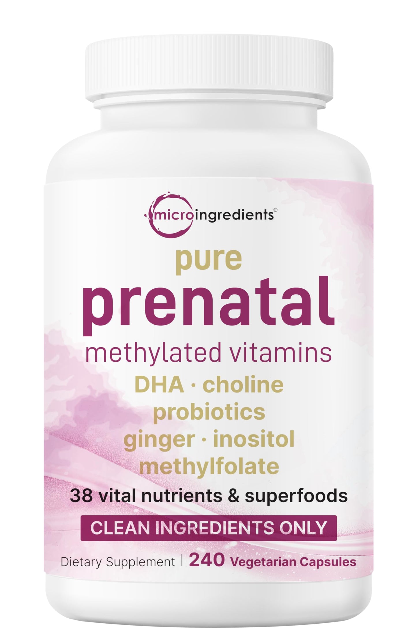 Pure Methylated Prenatal Vitamins for Women — 240 Veggie Capsules | 38 Vital Nutrients with DHA, Choline, Probiotics, Ginger, Inositol, & Methylfolate + Iron | No Fillers