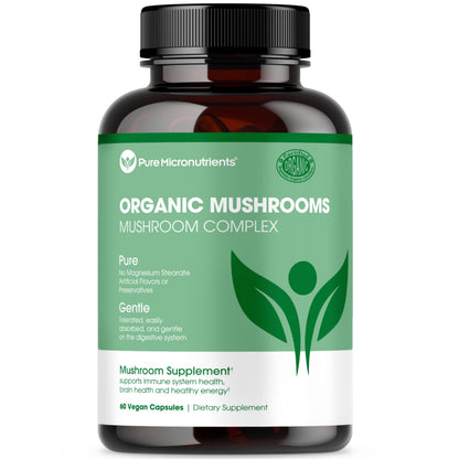 Pure Micronutrients Organic Mushroom Supplement - Immune Support, Nootropic Brain Memory, Focus & Energy - Lions Mane, Reishi, Chaga, Cordyceps & Turkey Tail - 60 Vegan, USA Grown