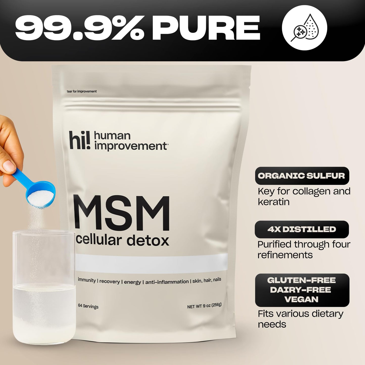 Pure MSM Powder | 99.9% Pure Organic Sulfur | Skin, Hair & Nails Support | Made in USA