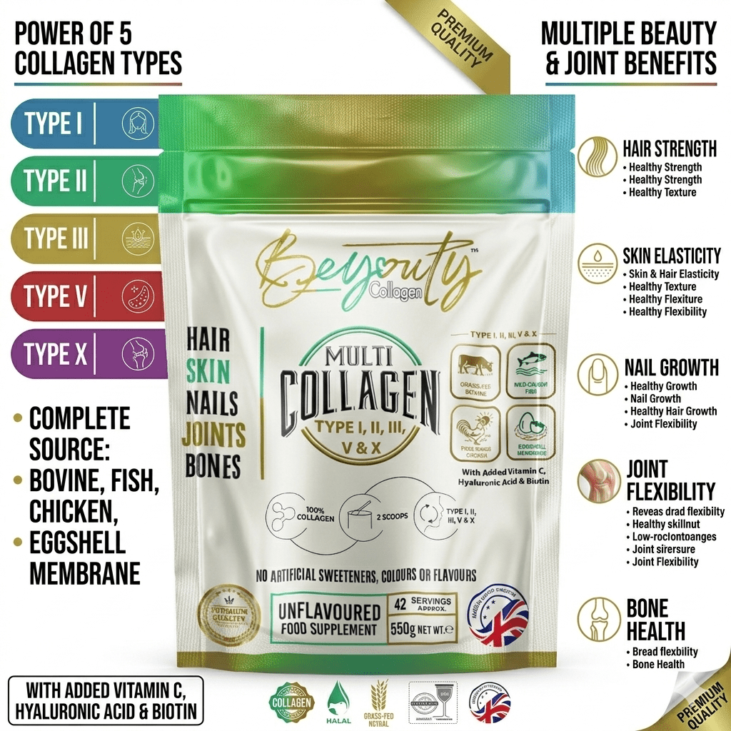 Multi 5 Types Collagen Hydrolysed Peptides TYPE I, II, III, V & X - 550G BeYouty Collagen™
