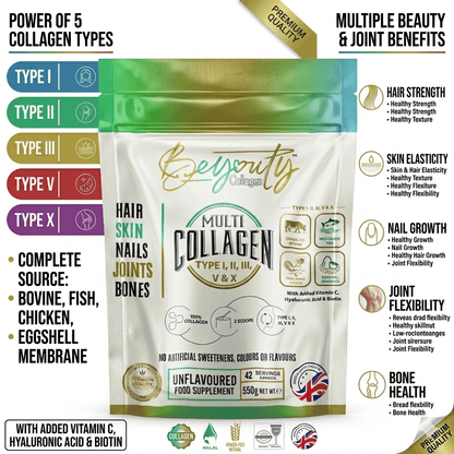 Multi 5 Types Collagen Hydrolysed Peptides TYPE I, II, III, V & X - 550G BeYouty Collagen™