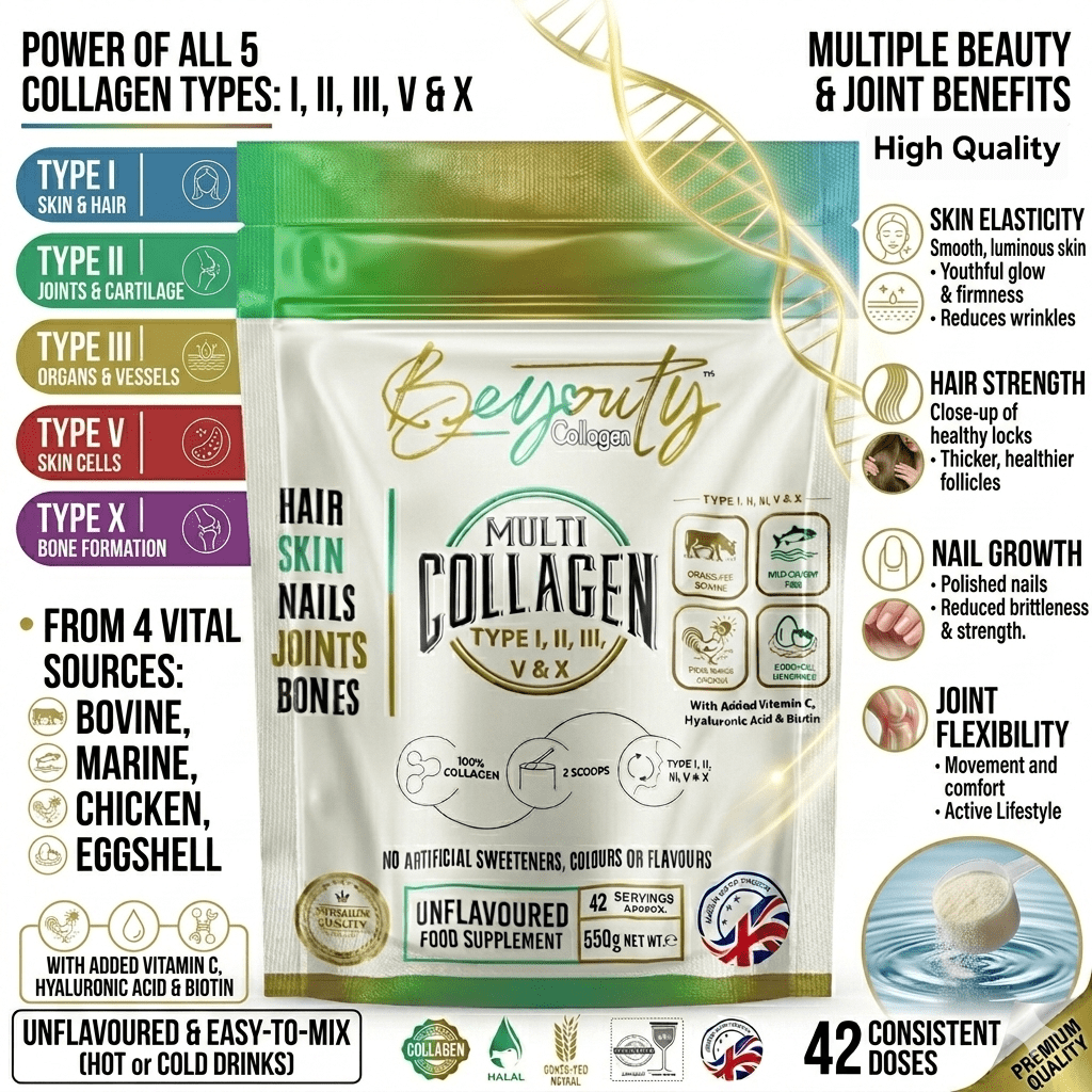 Multi 5 Types Collagen Hydrolysed Peptides TYPE I, II, III, V & X - 550G BeYouty Collagen™