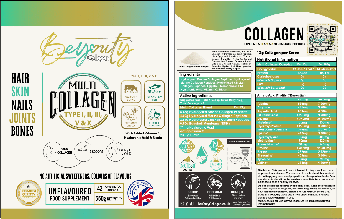 Multi 5 Types Collagen Hydrolysed Peptides TYPE I, II, III, V & X - 550G BeYouty Collagen™