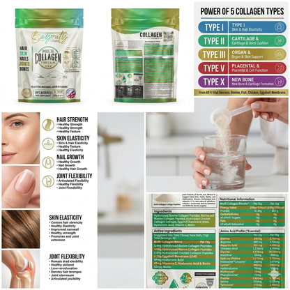 Multi 5 Types Collagen Hydrolysed Peptides TYPE I, II, III, V & X - 550G BeYouty Collagen™