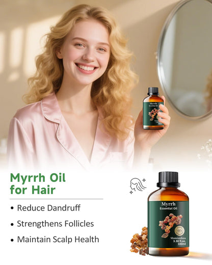 Pure Myrrh Essential Oil, Mumianhua Therapeutic Grade Natural Myrrh Oil for Skin Care, Aromatherapy, Beard Care, Earthy Candle Making, Cleaning Blends & Home Purifier 3.38 Fl Oz