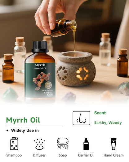 Pure Myrrh Essential Oil, Mumianhua Therapeutic Grade Natural Myrrh Oil for Skin Care, Aromatherapy, Beard Care, Earthy Candle Making, Cleaning Blends & Home Purifier 3.38 Fl Oz