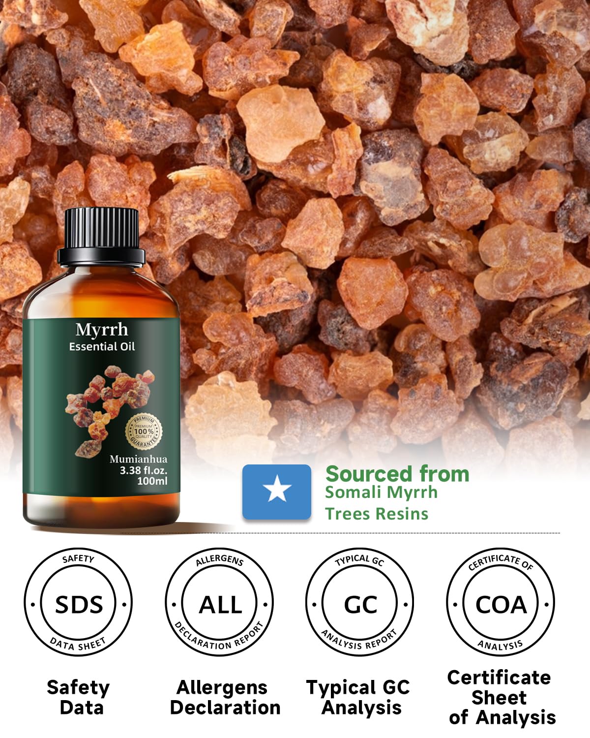 Pure Myrrh Essential Oil, Mumianhua Therapeutic Grade Natural Myrrh Oil for Skin Care, Aromatherapy, Beard Care, Earthy Candle Making, Cleaning Blends & Home Purifier 3.38 Fl Oz