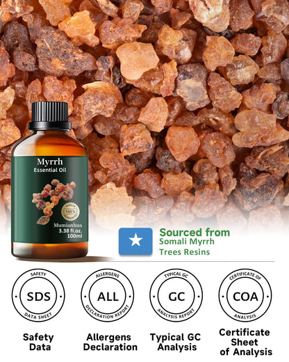 Pure Myrrh Essential Oil, Mumianhua Therapeutic Grade Natural Myrrh Oil for Skin Care, Aromatherapy, Beard Care, Earthy Candle Making, Cleaning Blends & Home Purifier 3.38 Fl Oz