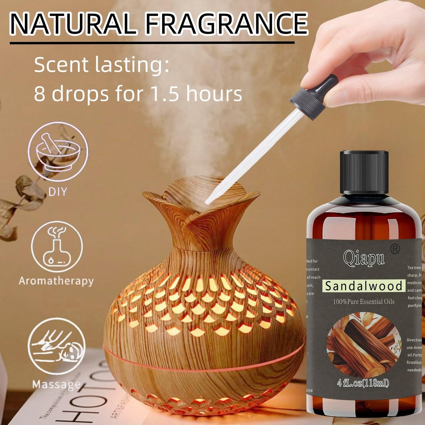 Pure Natural Sandalwood Essential Oil for Diffusers | Aromatherapy Dropper Bottle
