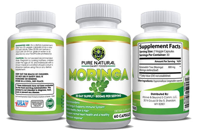 Pure Natural Smart Foods - Moringa Powder Capsules (60 Capsules) - 800mg of Pure Nutrient-Rich Moringa Powder