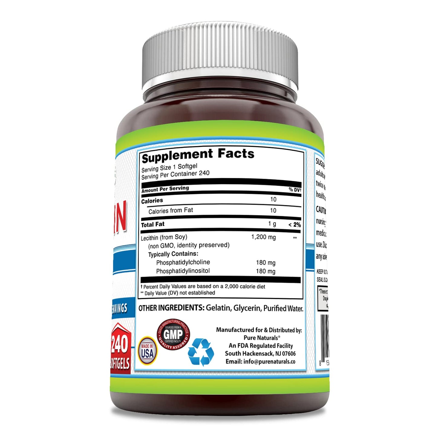 Pure Naturals Lecithin 1200 mg Softgels – High Potency, Non-GMO, Gluten Free (240 Count)